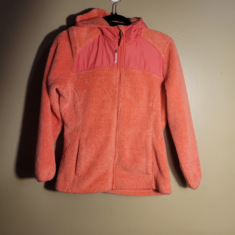 Reebok Women‎ Coral Pink Faux Fur Fleece Full Zip Hooded Jacket Large 14/16